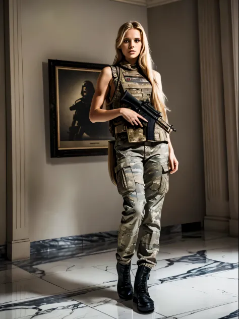 masterpiece, excellent quality, beautiful Nordic girl, long blonde hair, she is wearing a military camouflage uniform holding a machine gun and is standing on a white marble floor with a neutral gray background, the girl looks into the camera, full body sh...