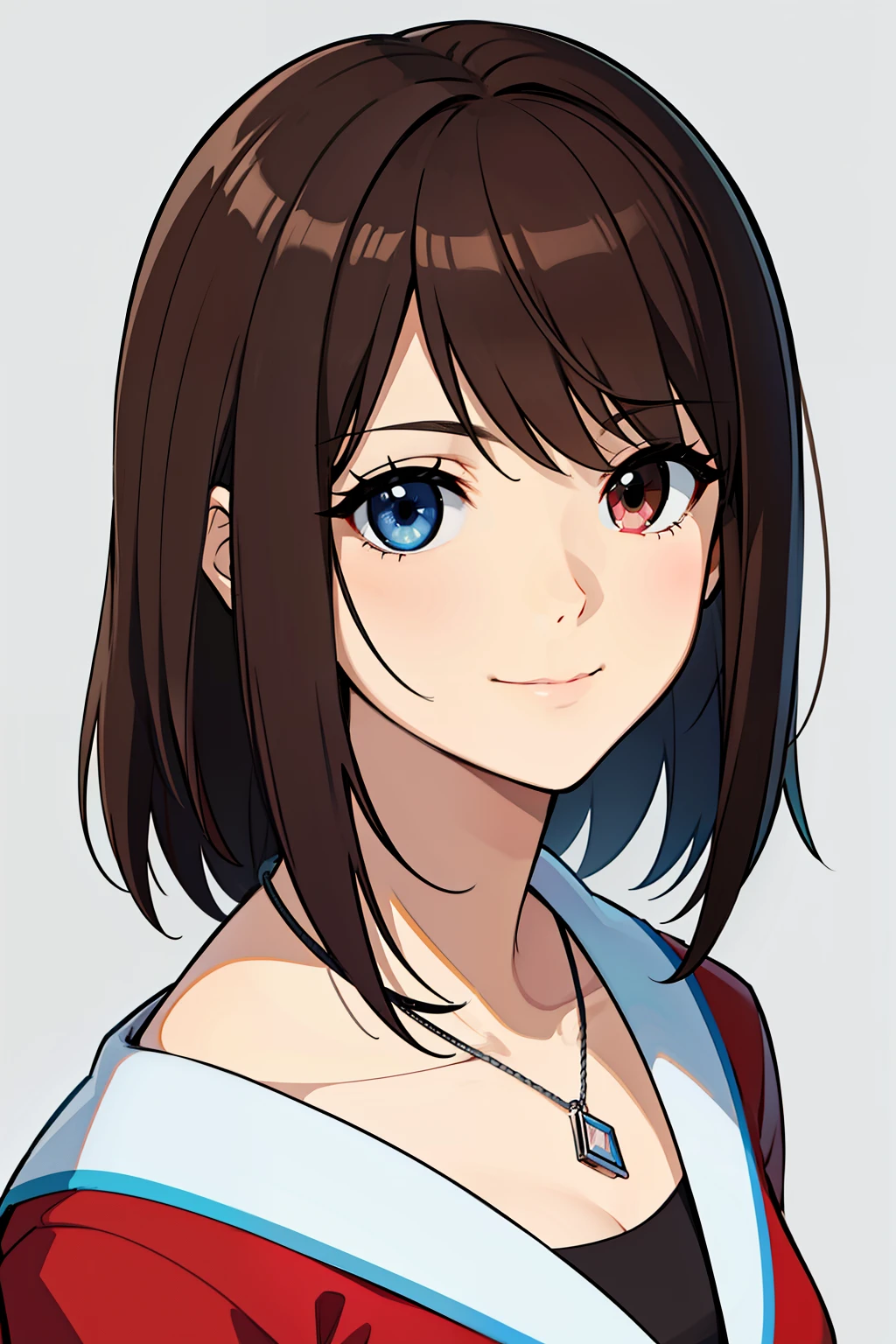 (high-quality, breathtaking),(expressive eyes, perfect face) portrait, 1girl, female, solo, adult woman, mum, age late 20's, brown hair, Heterochromia left eye brown and right eye light blue, short hair shoulder length, white ribbon in hair, gentle smile, loose hair, side bangs, looking at viewer, portrait, happy expression, modern clothing, red and blue jacket, red blouse, black jeans, small necklace shapped elegent, mature, height 5"6
