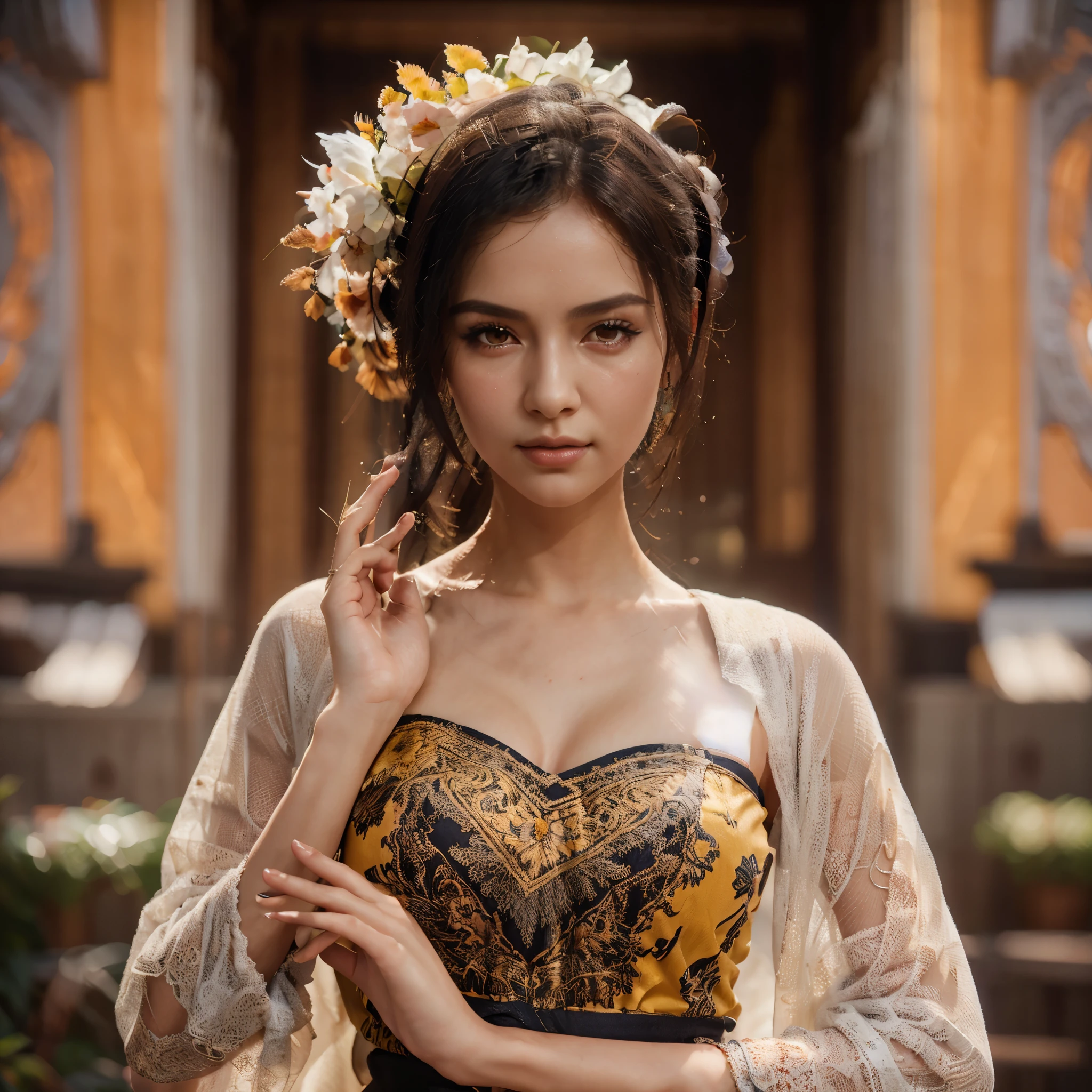 there is a woman in a yellow dress and a flower in her hair, beautiful digital artwork, beautiful render of tang dynasty, inspired by Lan Ying, a beautiful fantasy empress, beautiful oriental woman, asian hyperdetailed, traditional beauty, 3 d render character art 8 k, inspired by Tang Di, artwork in the style of guweiz, deviantart artstation cgscosiety, masterpiece, best quality:1.2),,(8k,highres,RAW photo,realistic,photo-realistic:1.3),(detailed skin texture,detailed cloth texture,beautiful detailed face:1.25),professional lighting,photon mapping,beautiful soft light,radiosity,physically-based rendering,raytracing, model shoot style, model shoot style, (extremely detailed CG unity 8k wallpaper), full shot body photo of the most beautiful artwork in the world,