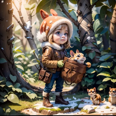 chestnut people an acorn figure and a chipmunk  a young blond woman in winter clothing looking at camera with snow falling, beau...