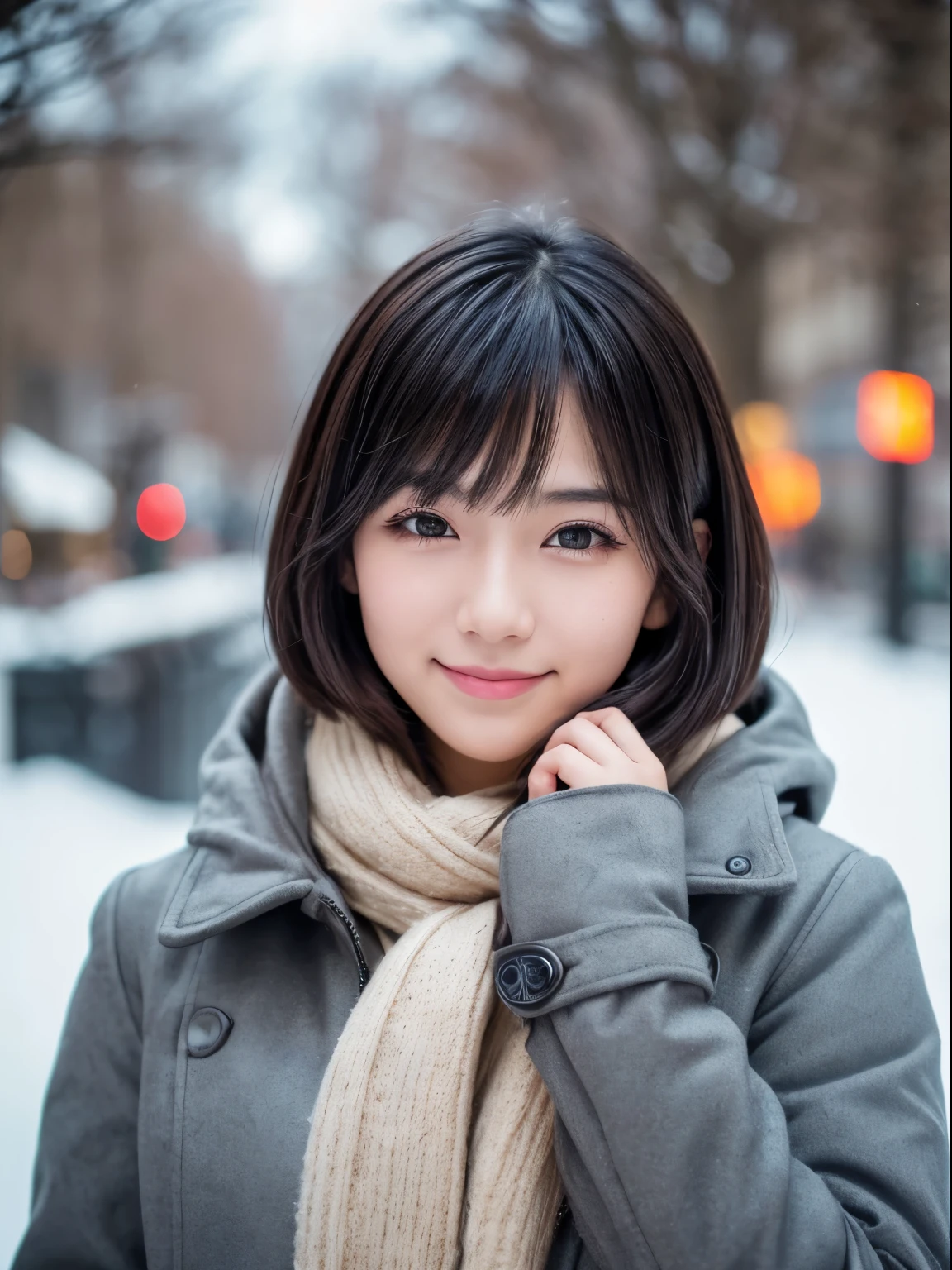 (8k, RAW photo, best quality, masterpiece, ultra detailed:1.2),(realistic, photo-realistic:1.4), (extremely cute Japanese idol:1.2), 20 years old, (detailed skin, detailed face, detailed hands: 1.2), sharp focus, SIGMA 85mm f/1.4., depth of field, blur background, bokeh, cinematic lighting, soft light, pale skin, brown eyes, naughty smile, seductive, kawaii, looking at viewer, short straight black hair, gray parka, winter coat, random pose, park, winter