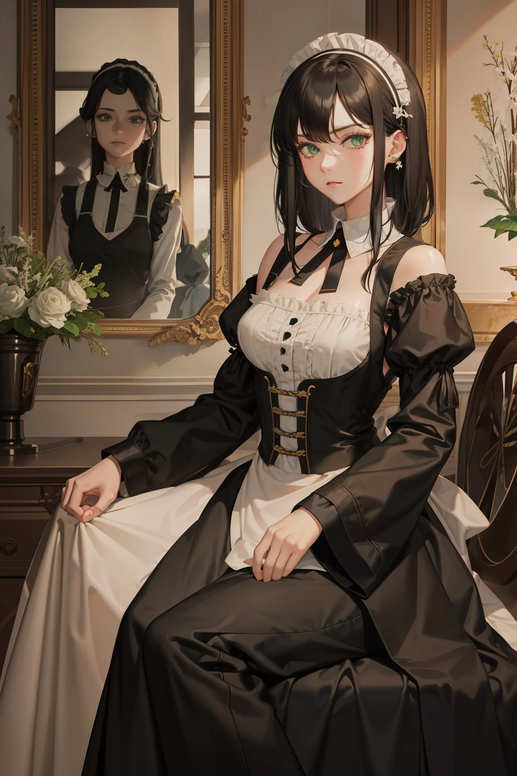 black hair shoulder length, woman, soft green eyes, piercing stare, maid outfit, cinematic sense