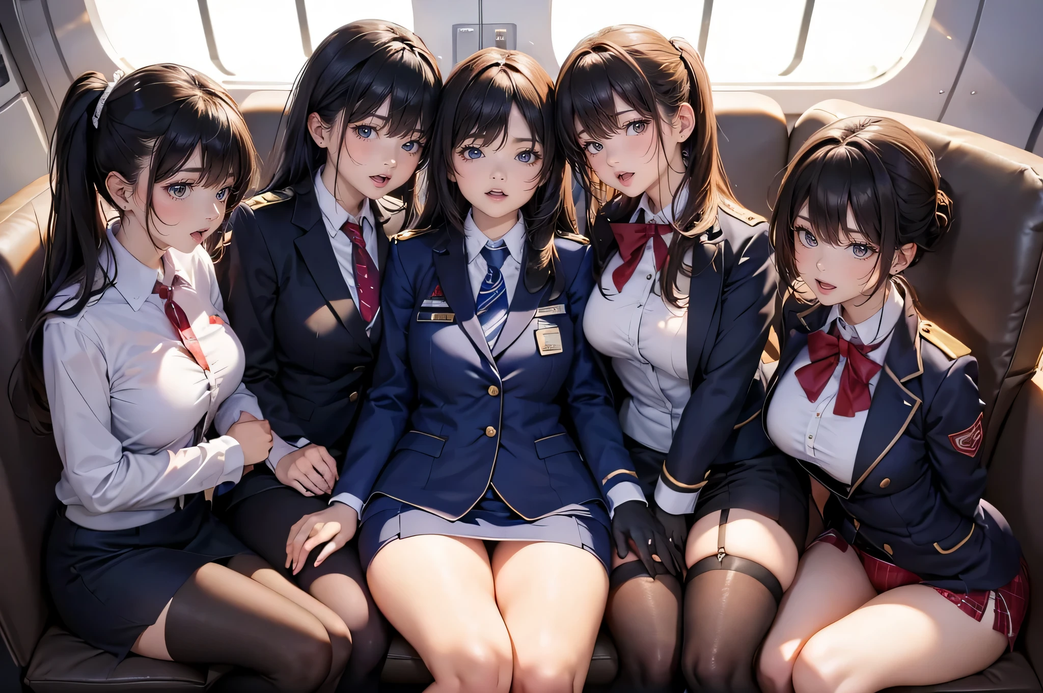 (((Winter clothes of flight attendants))), Highest dignity, charismatic, ((four women are showing off panties and pubic hair)), (drooping eyes), ((sleepy)), Archaic beauty, hair up, thigh high stockings, name plate, ID card, (whole body), straddling to hit her crotch on chair's edge, open thighs, raise leg, open mouth, background inside the plane, customers,