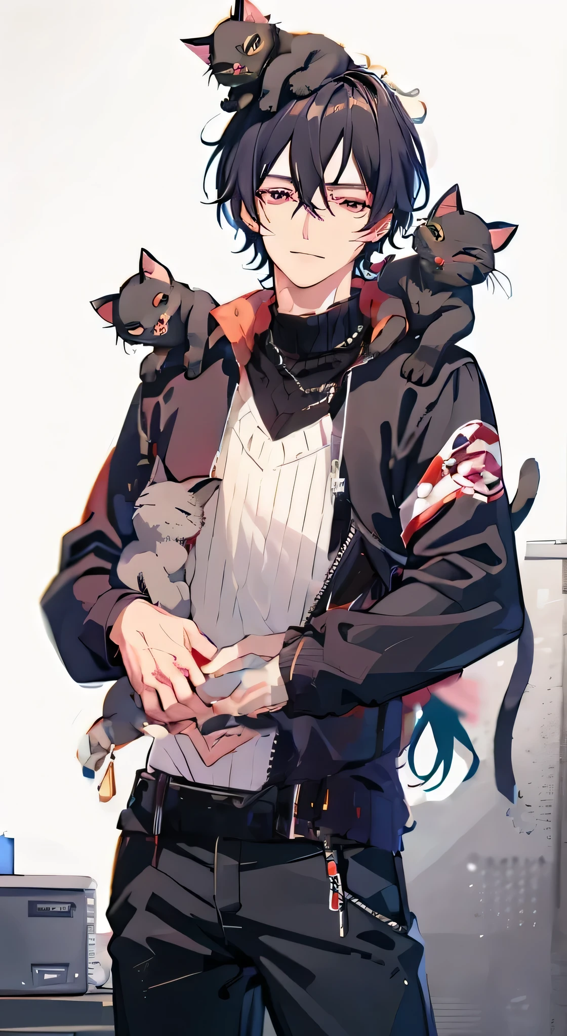 Anime guy with two cats on his shoulders - SeaArt AI