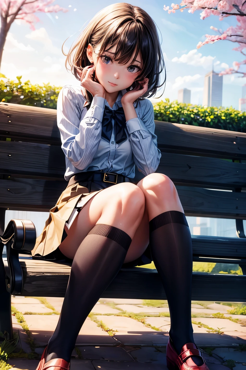 Una mujer bonita en medias, con piernas largas perfectas, y calcetines blancos. Vestida con una falda corta. Una niña está sentada en un banco del parque y tiene una cara tímida.