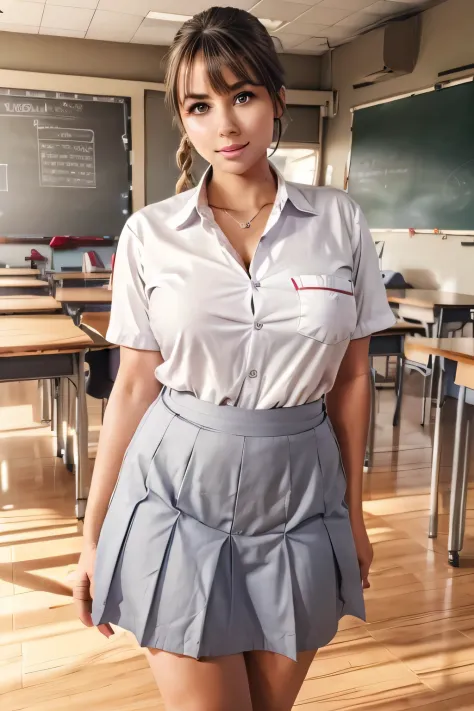 ((masterpiece)), ((best quality)), ((realistic photo)), portrait, wide shot angle, beautiful, , 2 braided hair, bangs, proportional face, facial details, eye details, red cheeks, makeup , school uniform, (white shirt, short gray skirt), cleavage, big thigh...
