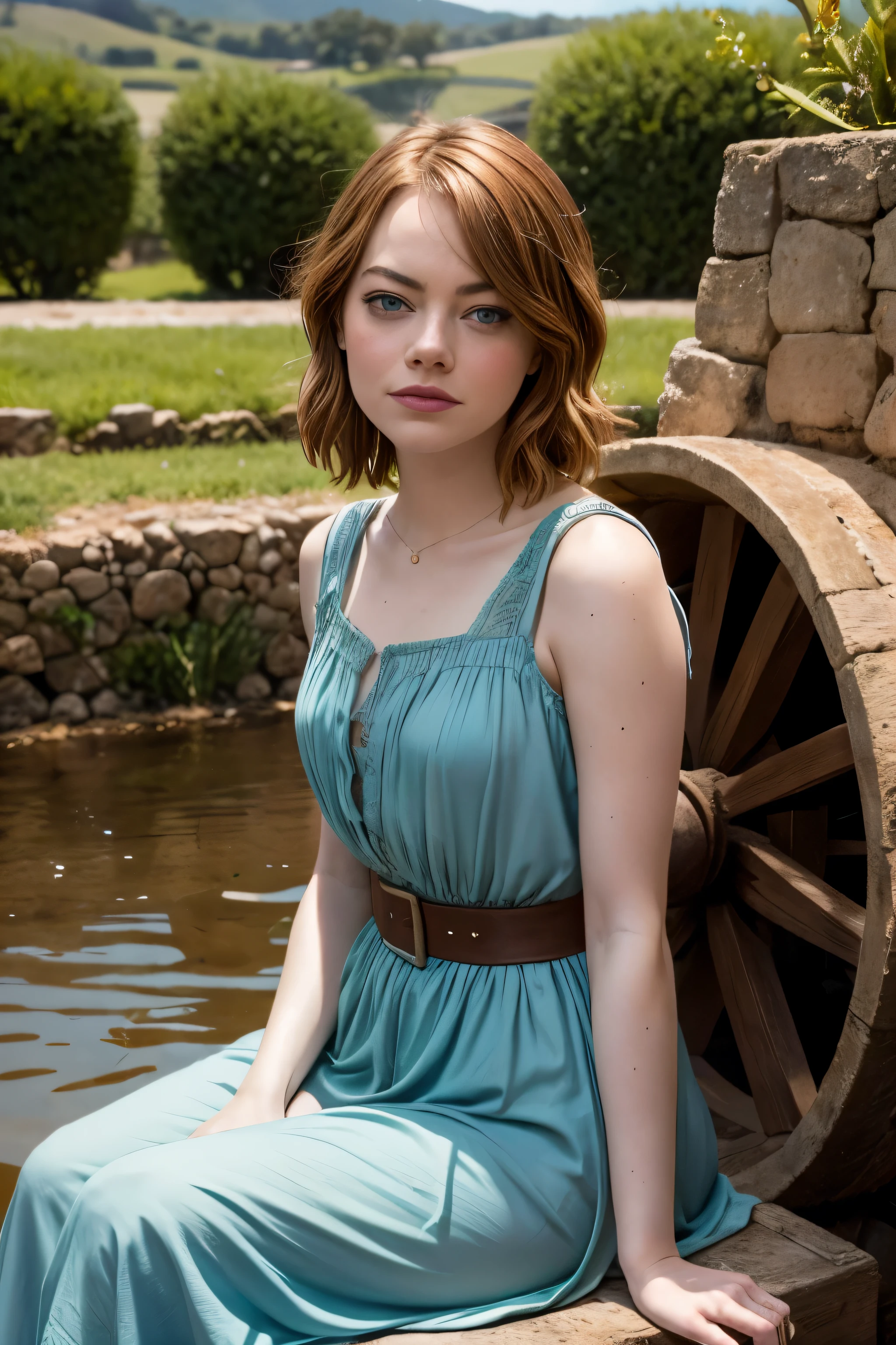 Emma Stone,Medieval period,wheat fields, simple attract, Sitting on a water wheel, movie scene in love and discovering your innocence ,and purity ,