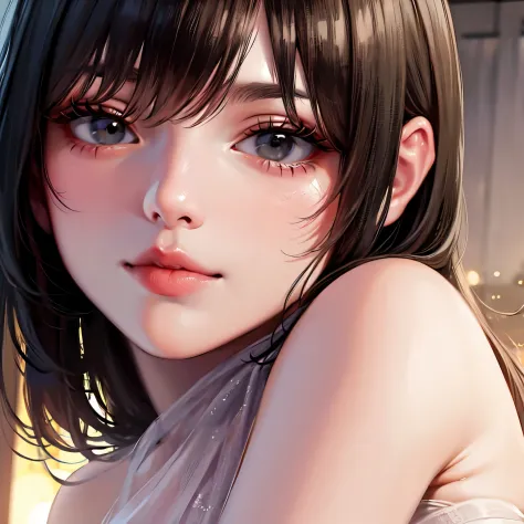 (Sweat:0.7),Light Yellow Wedding Dresses,White short skirt,Woman,Japanese,Exquisiteface, Beautiful face,Bare shoulders,Shoulders slightly exposed,Translucent skin,Black eyes,Black hair,(Photorealistic:1.4),Realistic details, High resolution,Bokeh,excellent...