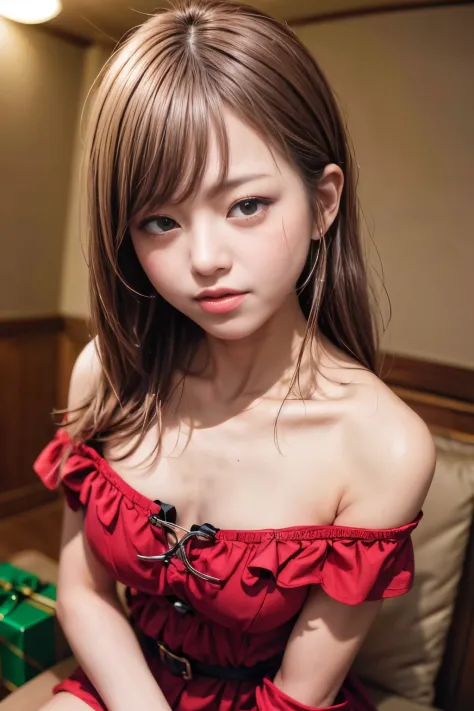 (Best Quality, tmasterpiece, perfect face, Beautiful fece:1.2, Colorful, dynamic angle, The most detailed face),(red christmas off shoulder dress:1.5),  (blow job:1.2), 1 Sister,japanaese girl, Long hair with bangs, Black hair, hair between eye, ( christma...