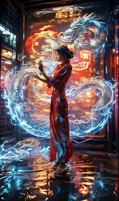 white holographic dragon, 1个giant breast girl(red cheongsam:1.5)
a shot full of tension(the sky glows red,visual shock,give y...