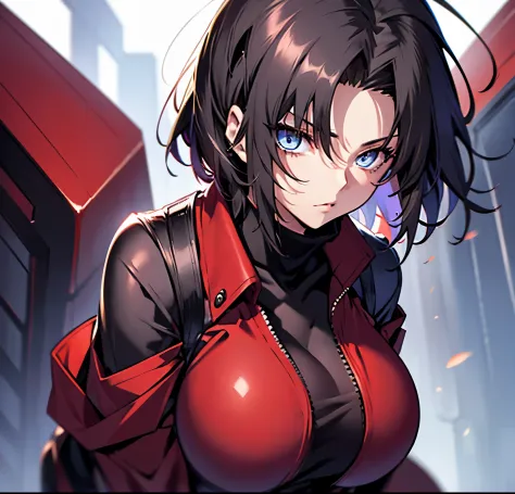 fate drawing, tall woman, 20s, solo, center parted, black hair, short hair, long eyes, narrow eyes, beautiful eyes, red jacket, ...