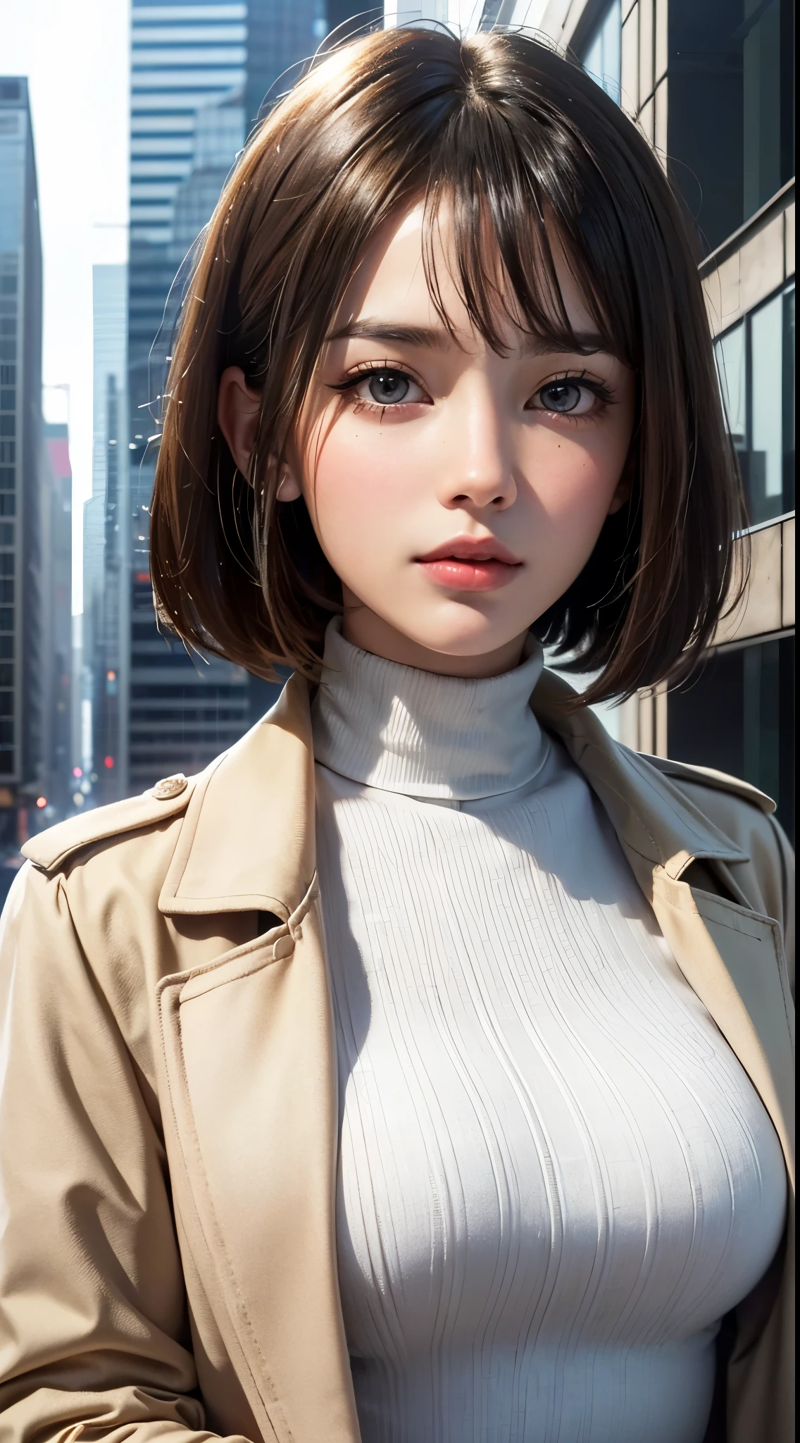 (UHD, retina, masterpiece, accurate, anatomically correct, textured skin, super detail, high details, high quality, best quality, high res, 1080P, HD, 4K, 8k, 16k), (beautiful detailed eyes, beautiful detailed lips, extremely detailed eyes and face), studio lighting, physically-based rendering, vivid colors, (large breasts, glamorous body), (beige trench coat, turtleneck sweater), (portrait, bob cut, shiny hair, shiny skin, blush), (a glass building that reflects the lights of buildings and the city, bokeh), eye reflection,