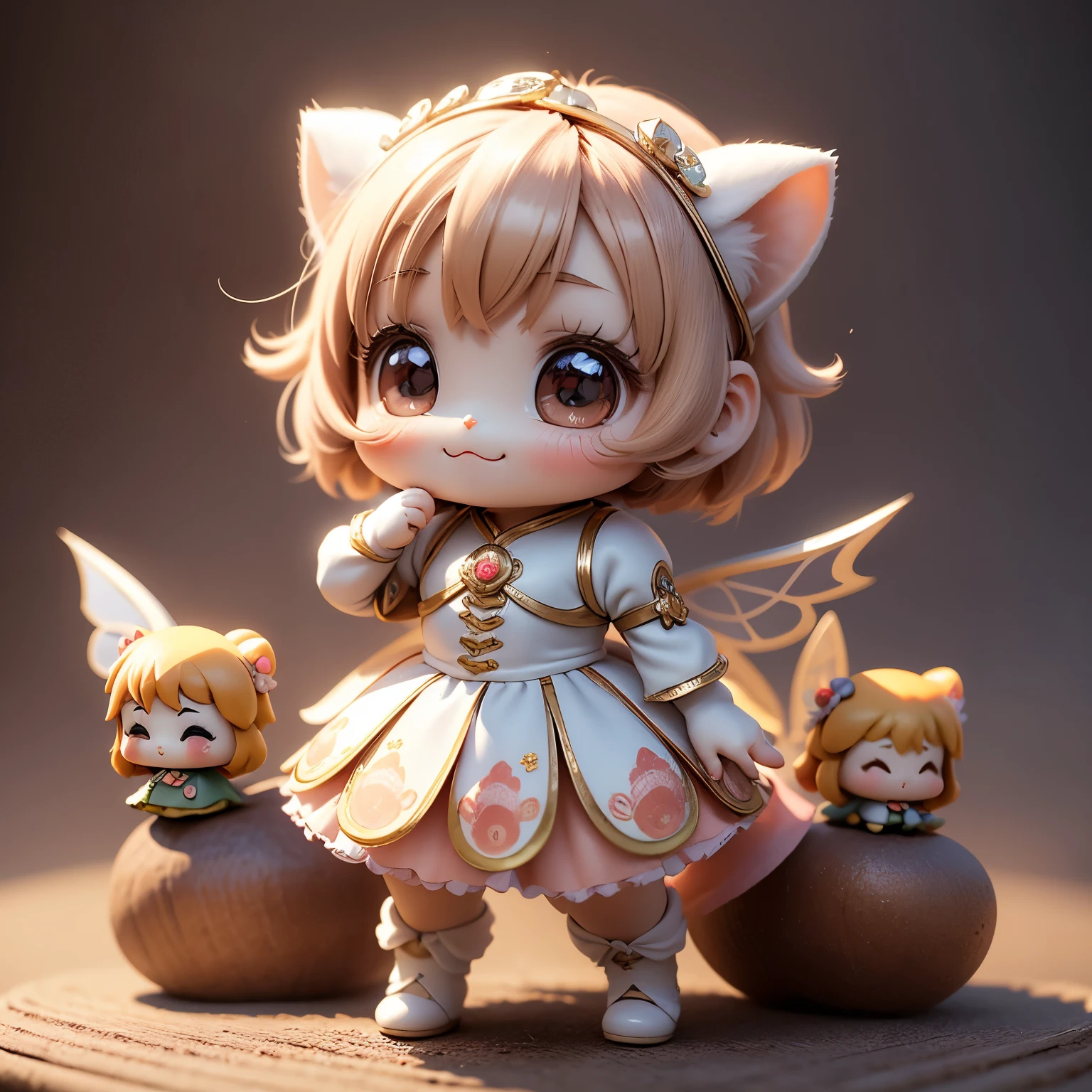 ​masterpiece、top-quality、ultra-detailliert、(Chibi Chara's Daughter:1.2),peaches,peachesの姿をしたちびキャラ,fairy wings,White Bob,Full-body standing figure,Open your mouth and smile,peach art background