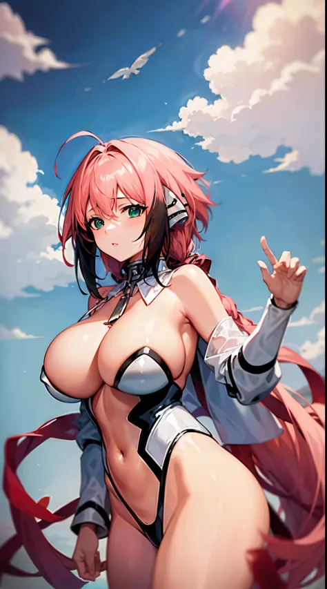 (Master piece: 1.1), (High Quality), 1girl, (Ikaros), mature female, big tits, pink hair, ((character custome)), (character), frontal body sight, sky_background