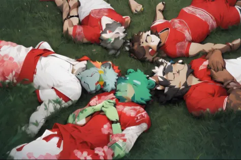 several children laying on the ground with stuffed animals in their hands, they are all laying down, laying on their back, pile of bodies, vrchat, still from a music video, dead bodies in the background, furry anime, homestuck, today's featured anime still...