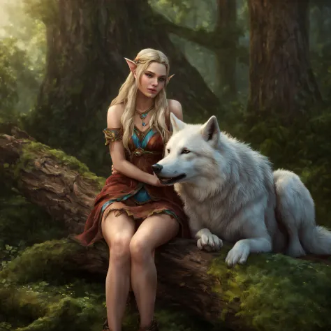 (Beautiful druid elf girl sitting on log 1.3) hugging  a big  wolf  (extremely detailed CG unity 8k wallpaper, masterpiece, best...