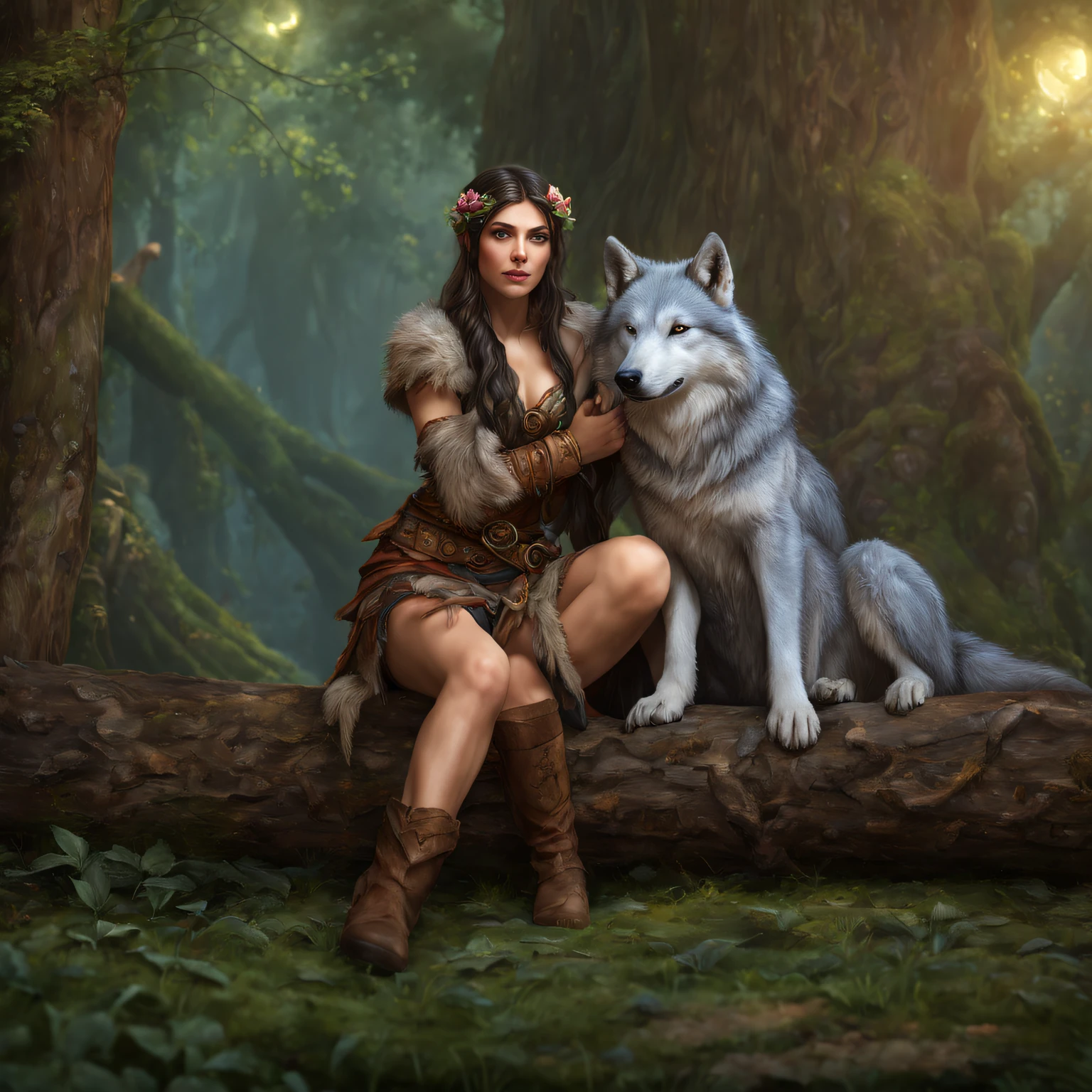 (Beautiful druid elf girl sitting on log 1.3) hugging  a big  wolf  (extremely detailed CG unity 8k wallpaper, masterpiece, best quality, ultra-detailed, beautiful detailed bright eyes:1.2), best illumination, (best shadow, an extremely delicate and beautiful, bloom), masterpiece, best quality:1.1, realistic:1.3, cinematic lighting:1.2, in the dark forest:1.5, ultra photoreal, photorealistic:1.0, sharp focus:1.1, depth of field:1.1, 50mm, Hasselblad X1D II, Porta 160