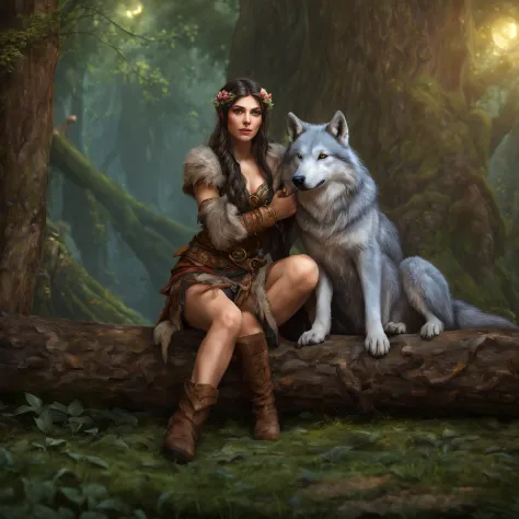 (Beautiful druid elf girl sitting on log 1.3) hugging  a big  wolf  (extremely detailed CG unity 8k wallpaper, masterpiece, best...