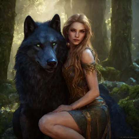 (Beautiful druid elf girl 1.3) hugging a big black wolf (extremely detailed CG unity 8k wallpaper, masterpiece, best quality, ul...