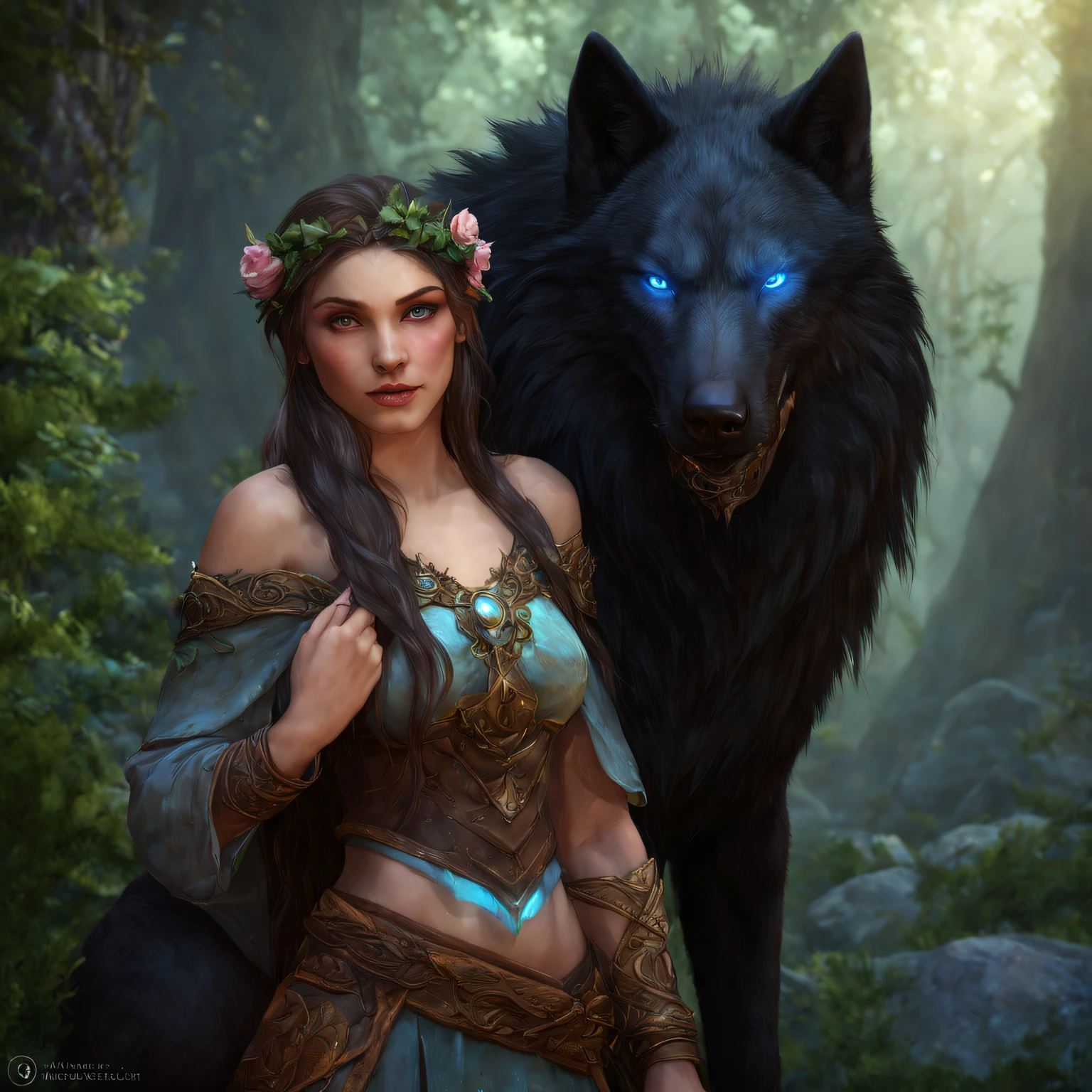 (Beautiful druid elf girl 1.3) hugging a big black wolf (extremely detailed CG unity 8k wallpaper, masterpiece, best quality, ultra-detailed, beautiful detailed bright eyes:1.2), best illumination, (best shadow, an extremely delicate and beautiful, bloom, iridescent), masterpiece, best quality:1.1, realistic:1.3, cinematic lighting:1.2, on a sunray cliff:1.5, ultra photoreal, photorealistic:1.0, sharp focus:1.1, depth of field:1.1, 50mm, Hasselblad X1D II, Porta 160