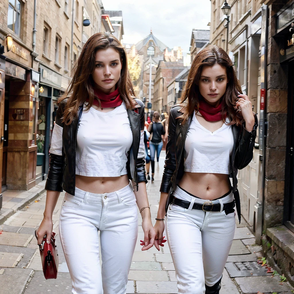 weibliches Supermodel läuft durch die Straßen von Oxford. weißes T-Shirt, Schwarze Lederjacke, schwarze Jeans, roter Schal, rote Lederstiefel.