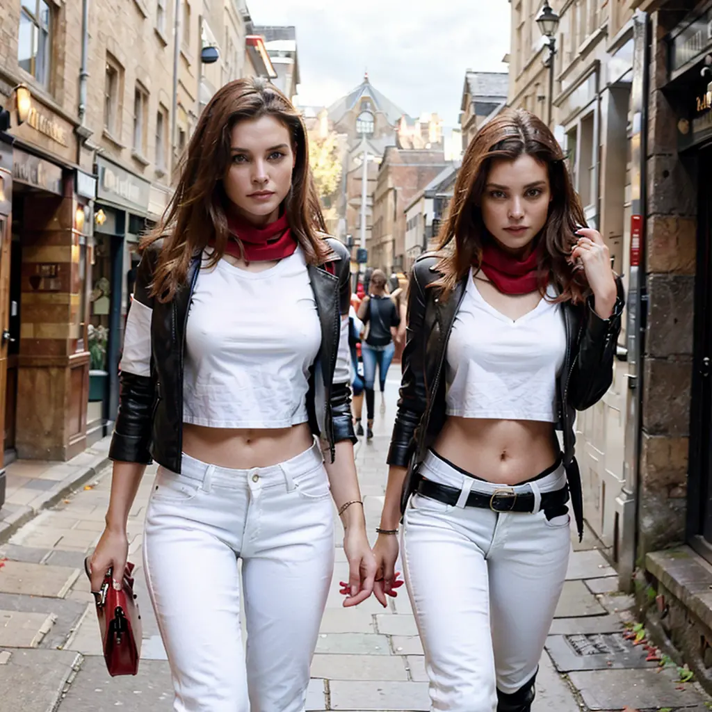 female supermodel walks in Oxford Streets. White T-shirt, black leather jacket, black jeans, red scarf, red leather boots.