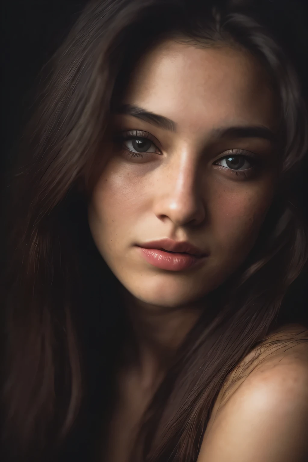 (close-up, editorial photograph of a 21 year old woman), (highly detailed face:1.4) (smile:0.7) (background inside dark, moody, private study:1.OV, by lee jeffries, nikon d850, film stock photograph ,4 kodak portra 400 ,camera f1.6 lens ,rich colors ,hyper realistic ,lifelike texture, dramatic lighting , cinestill 800,