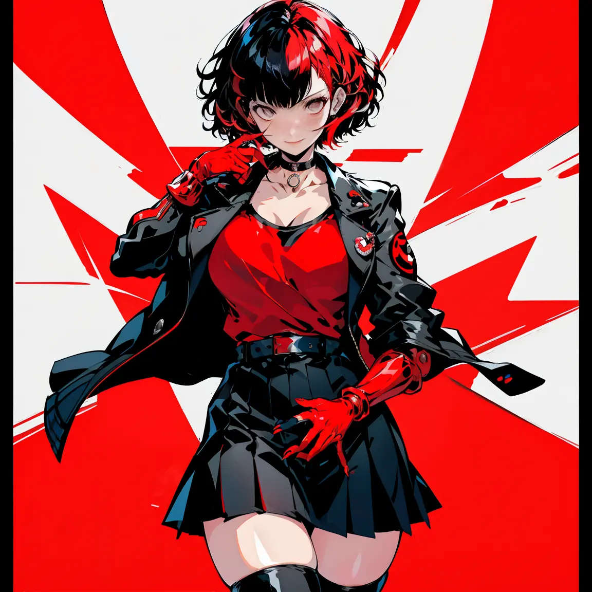 in the art style of persona 5, smal breast, delinquent, (sukeban), mature_female, blush, mature, older woman, 25 years old, suke...