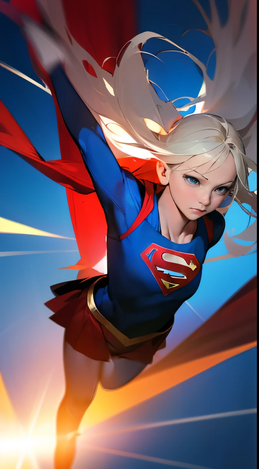 (best quality, vivid colors:1.2, anime:1.1), ULTRA-DETAILED,(realistic:1.37), DC comics character, SUPERGIRL, FLYING between CLOUDS, supersonic VELOCITY, sharp focus, vibrant colors, dynamic pose, flowing cape, intense action, strong wind effects, high speed motion, intense energy, blue sky backdrop, white fluffy clouds, dazzling sunlight.