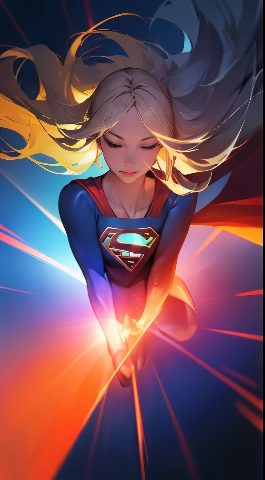 (best quality, vivid colors:1.2, anime:1.1), ULTRA-DETAILED,(realistic:1.37), DC comics character, SUPERGIRL, FLYING between CLOUDS, supersonic VELOCITY, sharp focus, vibrant colors, dynamic pose, flowing cape, intense action, strong wind effects, high speed motion, intense energy, blue sky backdrop, white fluffy clouds, dazzling sunlight.