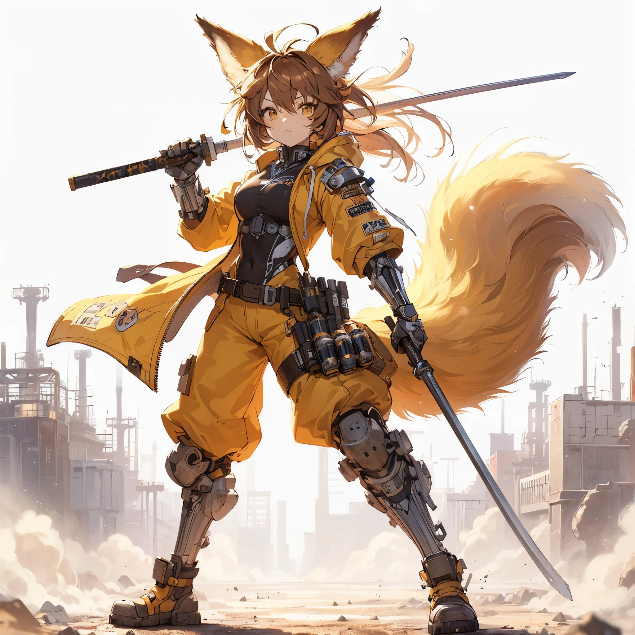(Masterpiece, best quality), (perfect athlete body:1.2), (detailed hair), ultra-detailed, anime style, solo, full body, Furry animal girl alchemist, brown hair, yellow fur, wears cyberpunk KARATE wear, has High-tech stick weapons, raised boots, digital painting, 8k high resolution, whole body, white background, standing in wasteland