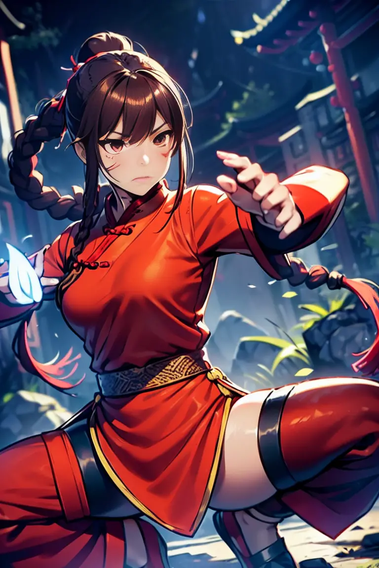 lei kugo live a live, qipao, chinese clothes, traditional clothes, action pose, full body, brown hair, braided hair, scars on fa...