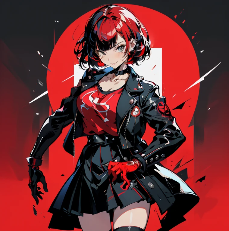 in the art style of persona 5, smal breast, delinquent, (sukeban), mature_female, blush, mature, older woman, 25 years old, Sukeban teacher outfit, (1girl, solo female, solo, solo focus)++++, choker, sukeban teacher, sukeban fighter, long_sleeves, open jacket, blue jacket, jean, light skin tone female, full body, jacket, biker jacket, tape, arm_support, gloves, red_gloves, bridal gauntlets, nail polish, boots, black_footwear, fighter outfit, full body, hourglass, mature face, cheeky smile, cheeky face, wrinkles, (red hair, short hair, bob cut, earrings, ear piercings), red eyeighting art, Martial arts, standing, fighting_stance, fight, fighting), extra colors, 2D, megapixel, perfectionism, accent lighting, full HD , (Masterpiece:1.2), (full-body-shot:1),(cowboy shot:1.2), (Highly detailed:1.2),(Detailed Face:1.2), Colorful, A detailed eye, (Detailed landscape:1.2), (natural lighting:1.2), ((sukeban school teacher)) by Vincent Di Fate: Aidyllery, Anamorphic Shot, rule of thirds, face by Artgerm and WLOP,