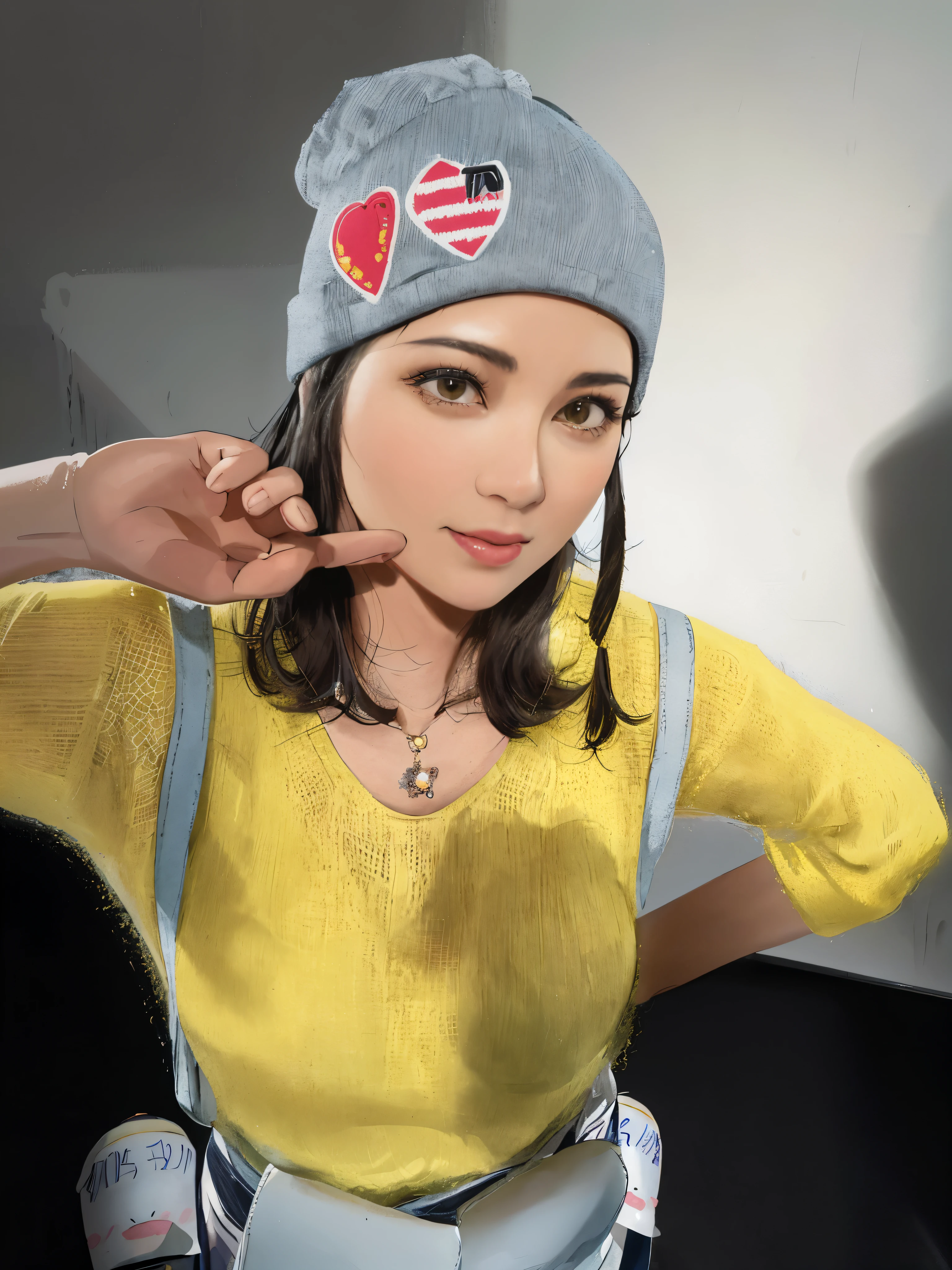 A woman around 40 years old wearing a yellow sweater and a gray hat., dilraba dilmurat, pokimane, Chiho, With hat, Choker and wearing a cute hat, Yoshitomo Nara, gemma chen, knit hat, wearing a cute hat, kiko mizuhara, kimi takemura