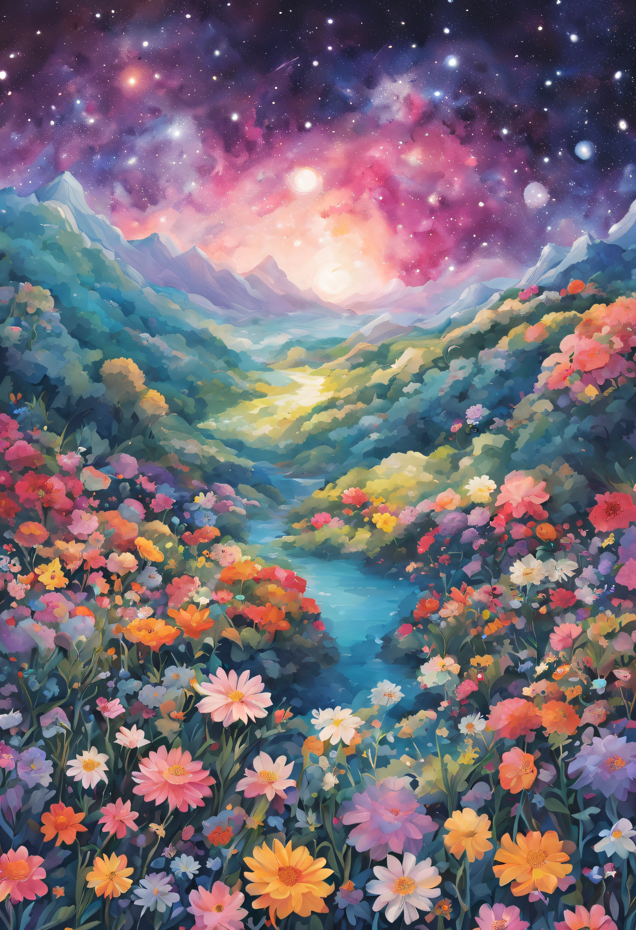 A painting of a mountain landscape with flowers and a river - SeaArt AI