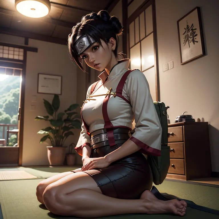 (garota hiper realista:1.2), ((Tenten de 18 anos)), (Naruto ), corpo inteiro, single body, olhando para frente, sitting on groun...