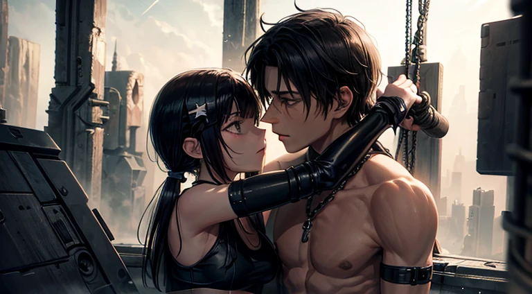 a tied up naked teenager girl in black pigtails with an emo teenager male guy with short black hair squeezing her boobs, spaceship, space ship, futuristic, guy with short hair, bondage, bdsm, incest, brother, sister