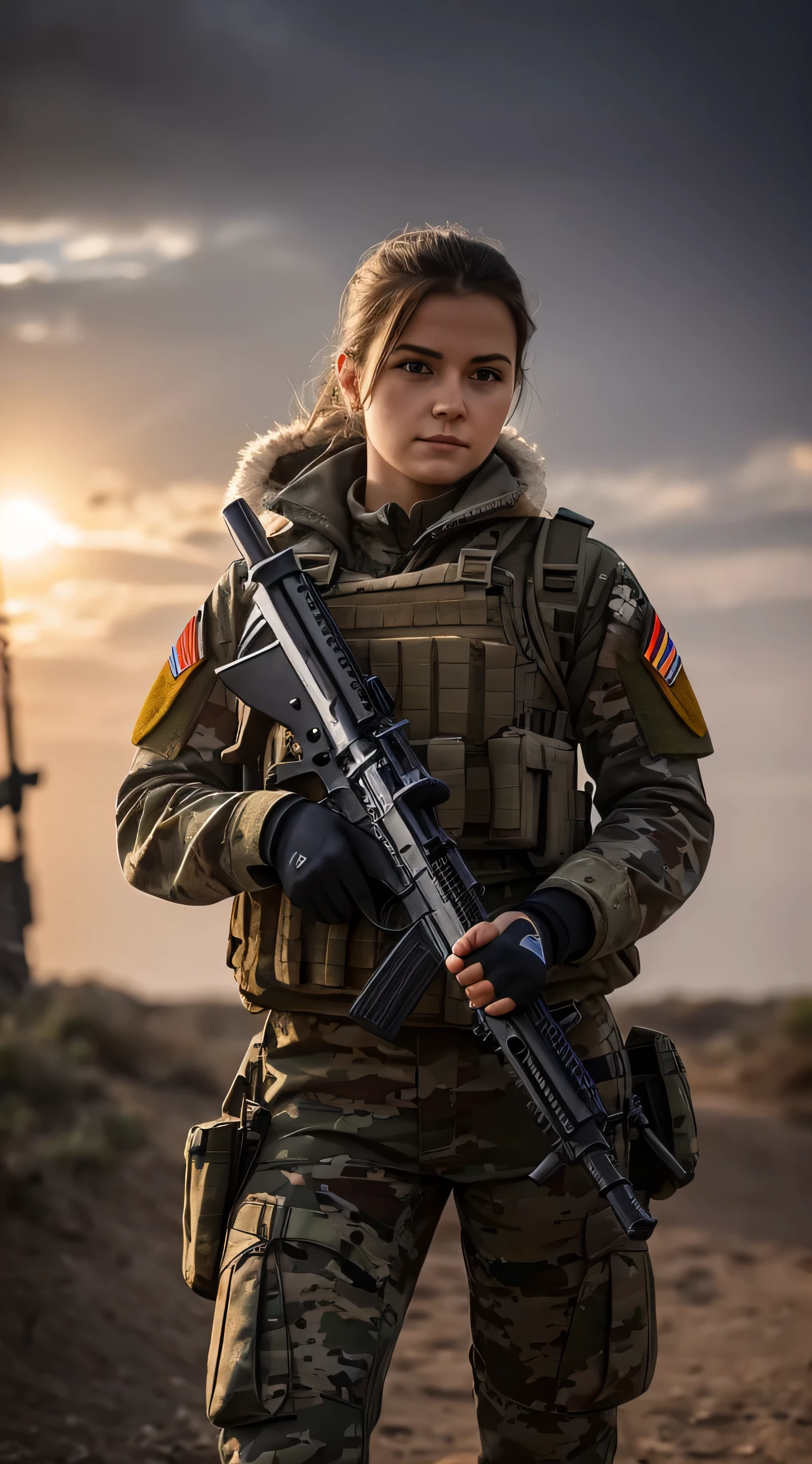 Ukrainian female soldiers，It's beautiful，young girls，Correct fingers，light and shadow texture，Epic quality，Female warrior holding 8k futuristic gun, hyper HD, severe low light, high high quality, Focus sharp, XT3