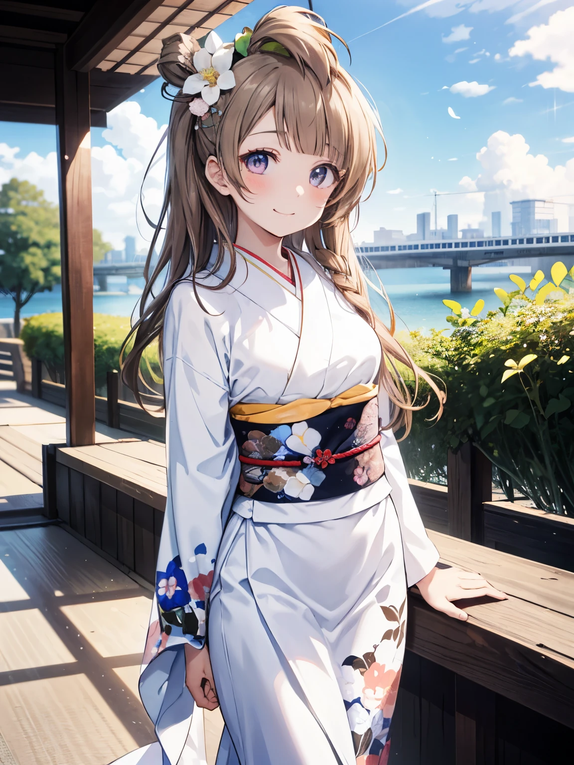 top-quality、anime girl with brown hair and beautiful flowers々Park where flowers bloom Kotori Minami、Arms behind your back、 [3D images:1.15],hight resolution、a park、Best Quality, hight resolutionであり, front-facing view、long hair overall、1girl in, firm face, Smile, Kotori, Long hair, Brown hair,、right pupil is narrow, Cute clothes、White kimono、Japanese style colorful kimono、absolute reference to center、During the walk、Dating、Thin fingertips