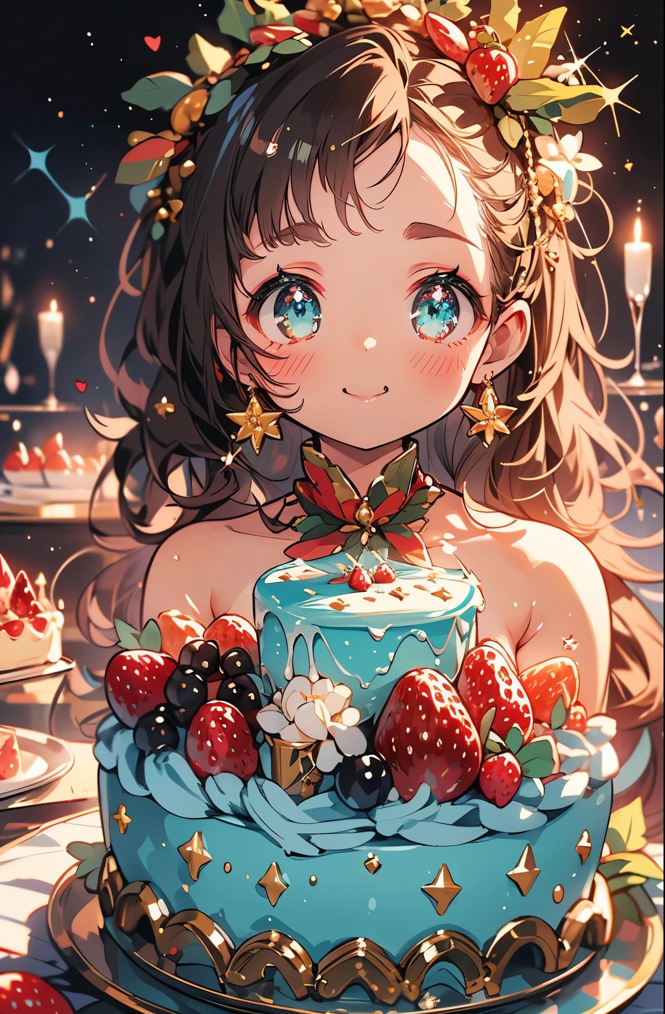 big strawberry christmas cake,Brown skin,１girl with,Beautiful Tiffany blue accessories studded with sparkling jewels,Looking at the delicious-looking cake with sparkling eyes,A cake filled with everyone&#39;s love,Attend a party you&#39;ve been looking forward to,sparkling champagne glasses,Glitter,Delicate Makeup,Too eyebrows,short bangs