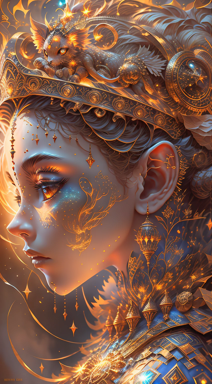 3D closeup of young angelic princess - profile portrait with crown，cute creatures。Beautiful and complex Moroccan style, Moroccan jellabiya, atlas lion, phoenix, Bio-luminescence， Plasma, fiery, ventania， organism， Wu Ya and WLOP and works by Bippel and Greg Rutkovsky, creature00d, (Amber theme:0.7), mtu, mathematician,