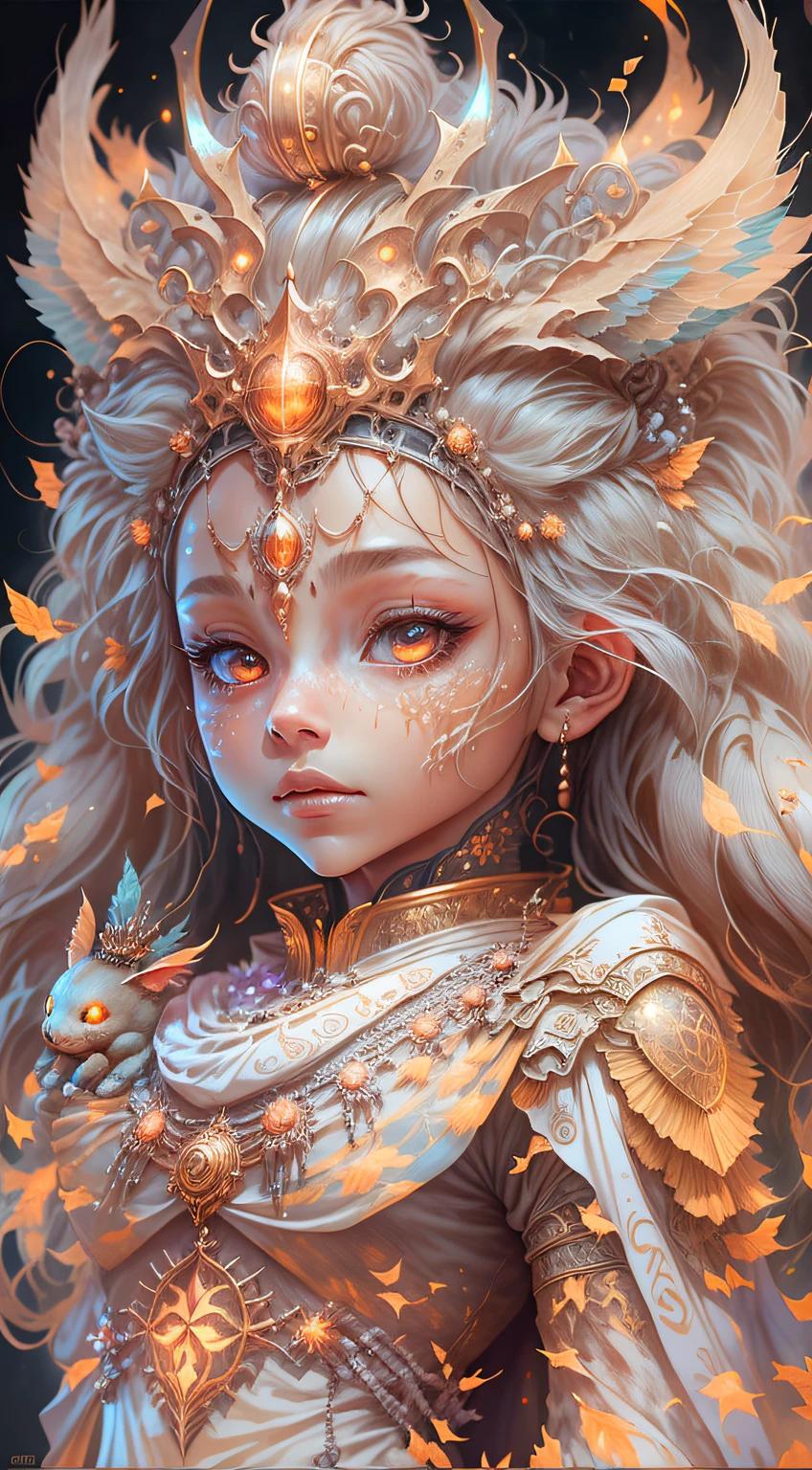 3D closeup of young angelic princess - profile portrait with crown，cute creatures。Beautiful and complex Moroccan style, Moroccan jellabiya, atlas lion, phoenix, Bio-luminescence， Plasma, fiery, ventania， organism， Wu Ya and WLOP and works by Bippel and Greg Rutkovsky, creature00d, (Amber theme:0.7), mtu, mathematician,