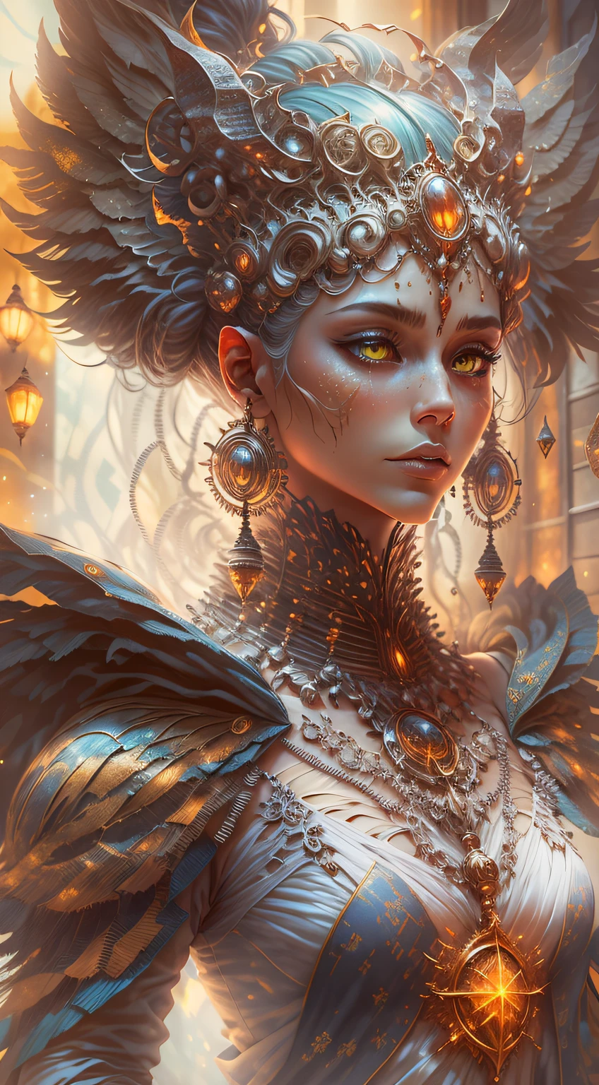 3D closeup of young angelic princess - profile portrait with crown，cute creatures。Beautiful and complex Moroccan style, Moroccan jellabiya, atlas lion, phoenix, Bio-luminescence， Plasma, fiery, ventania， organism， Wu Ya and WLOP and works by Bippel and Greg Rutkovsky, creature00d, (Amber theme:0.7), mtu, mathematician,