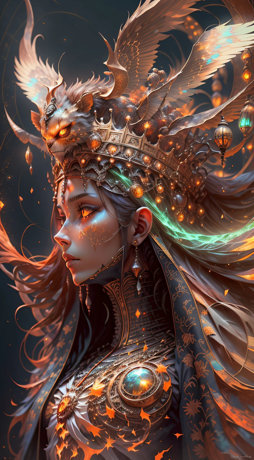 3D closeup of young angelic princess - profile portrait with crown，cute creatures。Beautiful and complex Moroccan style, Moroccan jellabiya, atlas lion, phoenix, Bio-luminescence， Plasma, fiery, ventania， organism， Wu Ya and WLOP and works by Bippel and Greg Rutkovsky, creature00d, (Amber theme:0.7), mtu, mathematician,