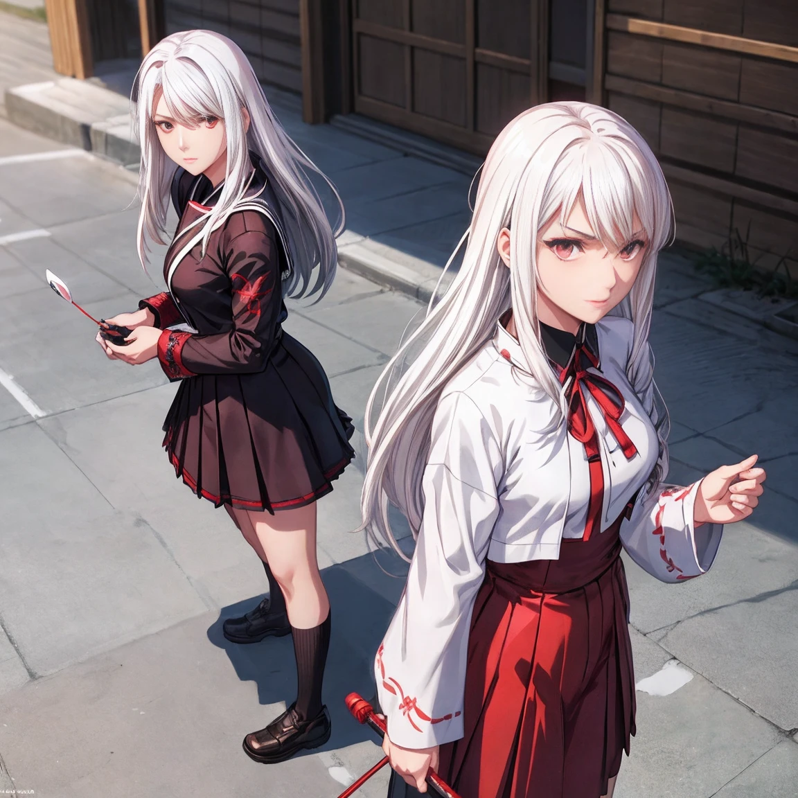 sukeban, illyasviel_de_Einzbern, menure_femenino, Cabello plateado, sosteniendo yoyo, comben pose, cuerpo completo, pelo que fluye, pelo entre los ojos, cabello asimétrico, ojos rojos, delicene facial feenures, sukeban deka clothe, uniforme escolar japonés negro, mirando_en_espectador, Al aire libre, Antecedentes Tokio, por Ilia Kuvshinov, by Tetsuya Nomura,