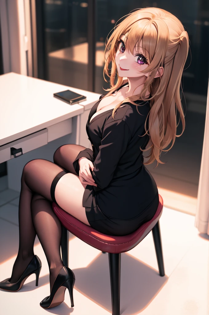 anime, beautiful face, highly detailed face, 2 accurate legs detailed eyes, highly detailed background, perfect lighting, accurate arms, accurate hands, accurate fingers, full body, 1girl, solo, ruby hoshino, oshi no ko, indoors, detailed heels, black detailed thighhighs, indoors, in the office, absurdres, high res, ultrasharp, 8K, masterpiece, looking at viewer, (full body:1.4), smiling with compassion, teasing smile, tounge out, tight skirt, office uniform, unbuttoned shirt, detailed shirt, cleavage, sitting on a chair at a desk, view from behind, ass view, looking over her shoulders,