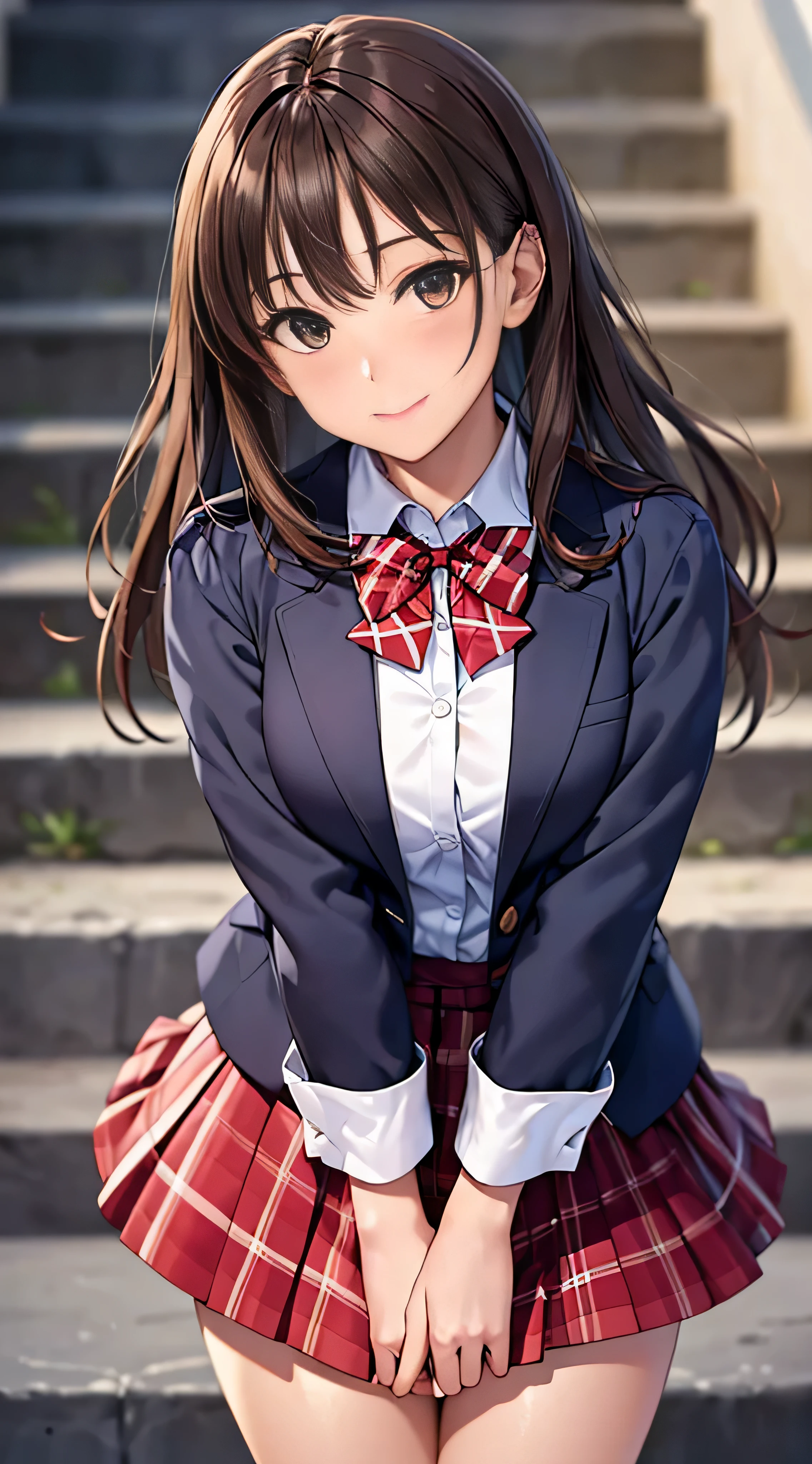 ((masutepiece, Best Quality, hight resolution, nffsw, Perfect Pixel,  4K, nffsw, nffsw))), 1girl in, Single, Solo, Beautie、full body seen、 ((Middle Wave Hair, Bangs, Brown hair)), ((Brown-eyed, Beautiful eyelashes, Realistic eyes)), ((Detailed face, Blushing:1.2)), ((Smooth texture:0.75, Realistic texture:0.65, Photorealistic:1.1, Anime CG style)), medium breasts, Dynamic Angle, Perfect body,  ((red bowtie, , , White shirt, Black skirt, plaid skirts)), City staircase、Looking up from the bottom of the stairs、Very embarrassing panic smile、Open your mouth and be surprised、 turned around、bending forward、(The wind flipped my skirt and exposed my butt........................、stick out your butt、Touching the buttocks with both hands、White lace panties)、