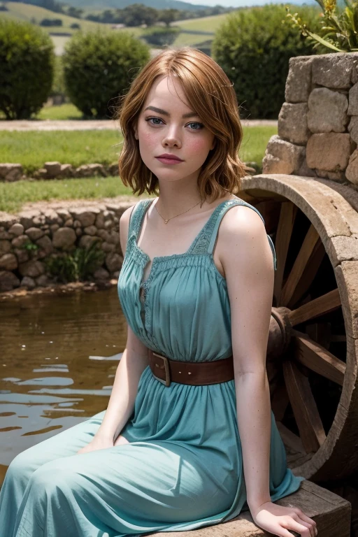 Emma Stone,Mittelalter,Weizenfelder, einfach anziehen, Sitzen auf einem Wasserrad, Filmszene in der Liebe und der Entdeckung deiner Unschuld ,und Reinheit ,