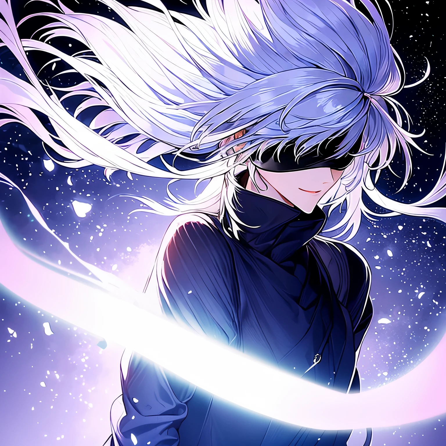 long hair, beautiful woman, an anime animated character with white hair and black jacket on, head tilted to one side, gojou satoru, 1girl, solo, blue eyes, genderswap (mtf), white hair, genderswap, white background, smile, blindfold, simple background, long sleeves, looking at viewer, long hair, jacket, high collar, upper body, black jacket