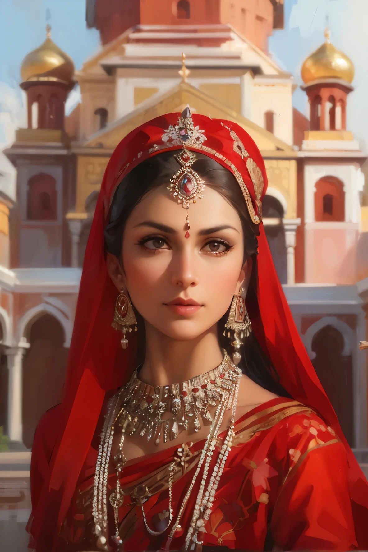 Créez le portrait d&#39;une gracieuse femme hindoue russe dans la cour historique du Kremlin, portant un sari élégant et un bindi rouge. Mettez en valeur le contraste entre la tenue traditionnelle indienne et l&#39;architecture russe emblématique.